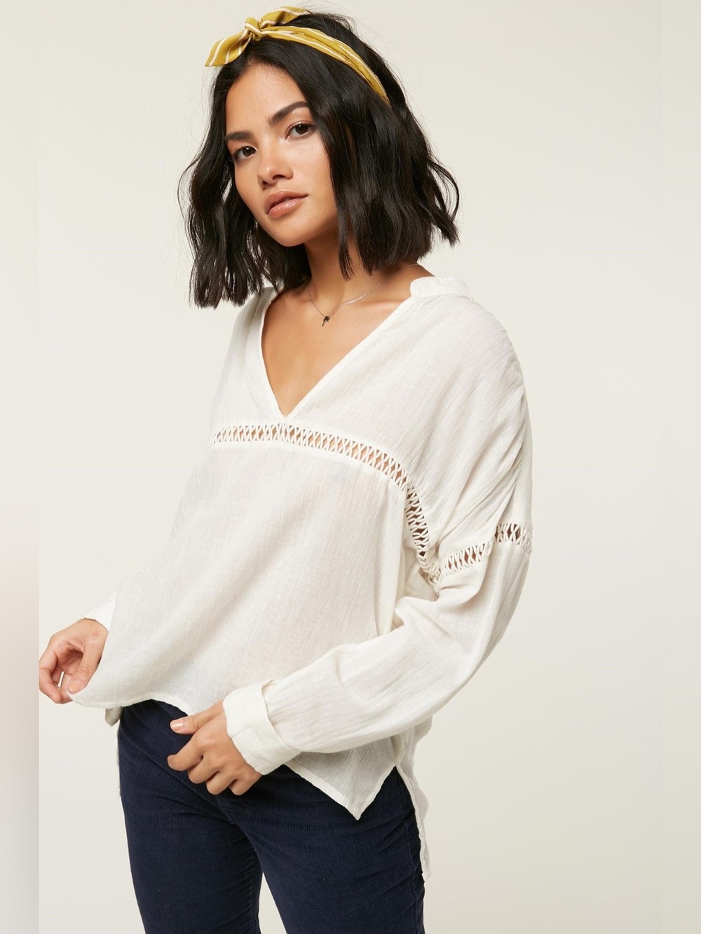 O'NEILL | Cream Seaside V-Neck Crochet-Trim Gauze Blouse